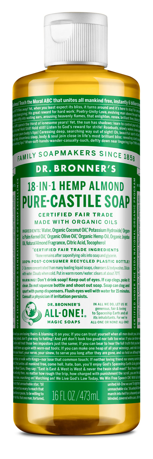 16 oz - PURE-CASTILE LIQUID SOAP Almond